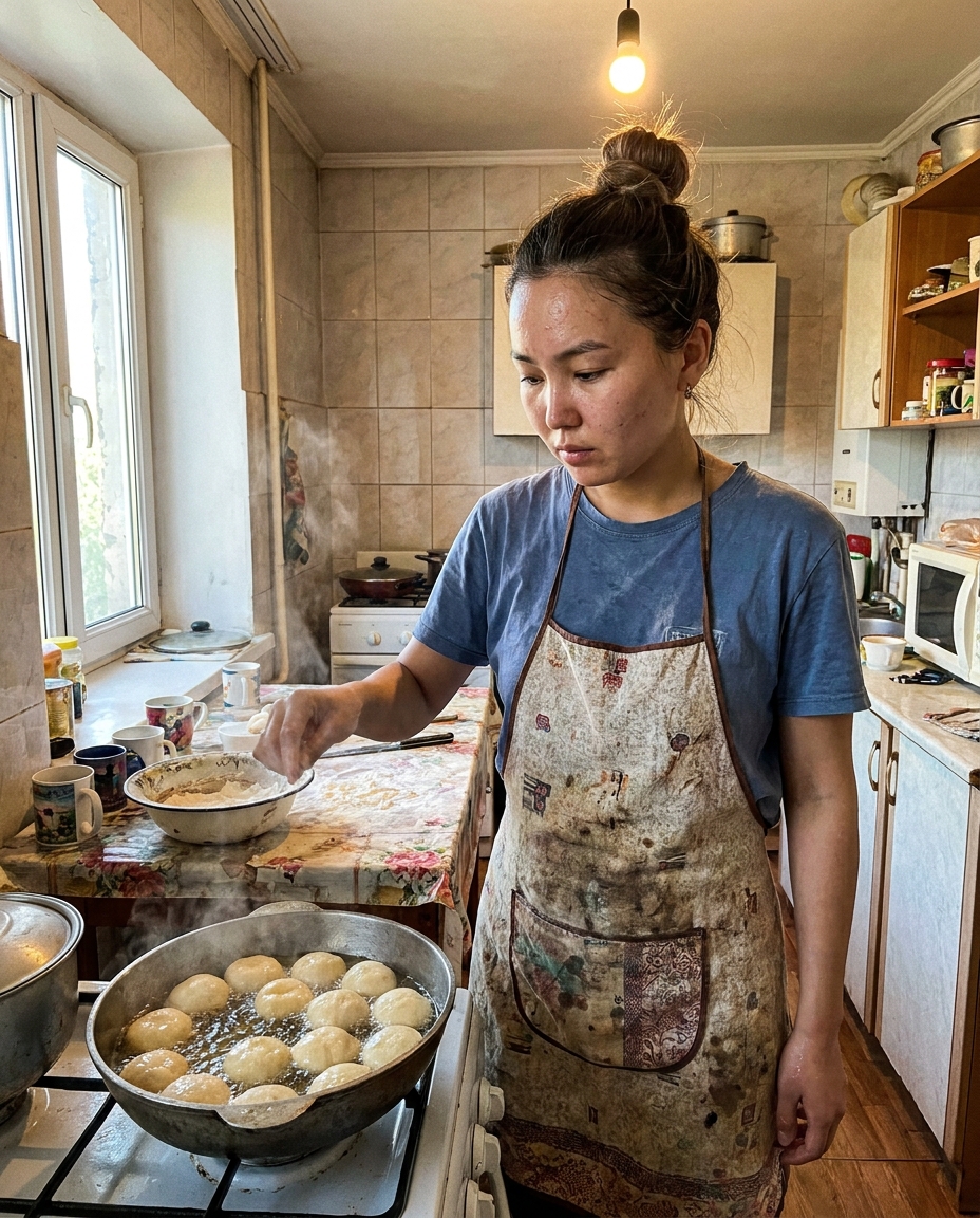 Молодая казашка жарит золотистые бауырсаки в казане на домашней кухне в Алматы